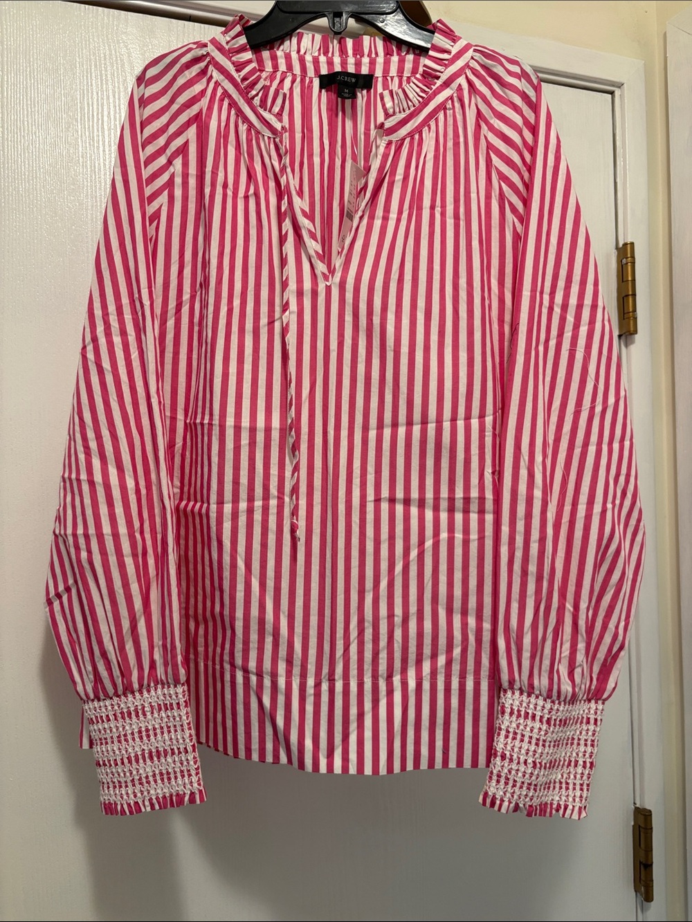 J. Crew Pink and White Striped Peasant Blouse